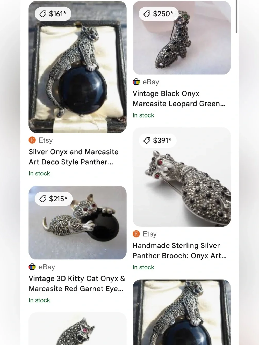 Sterling Marcasite Black Onyx Panther Brooch w Red Garnet Eyes. RARE ART DECO